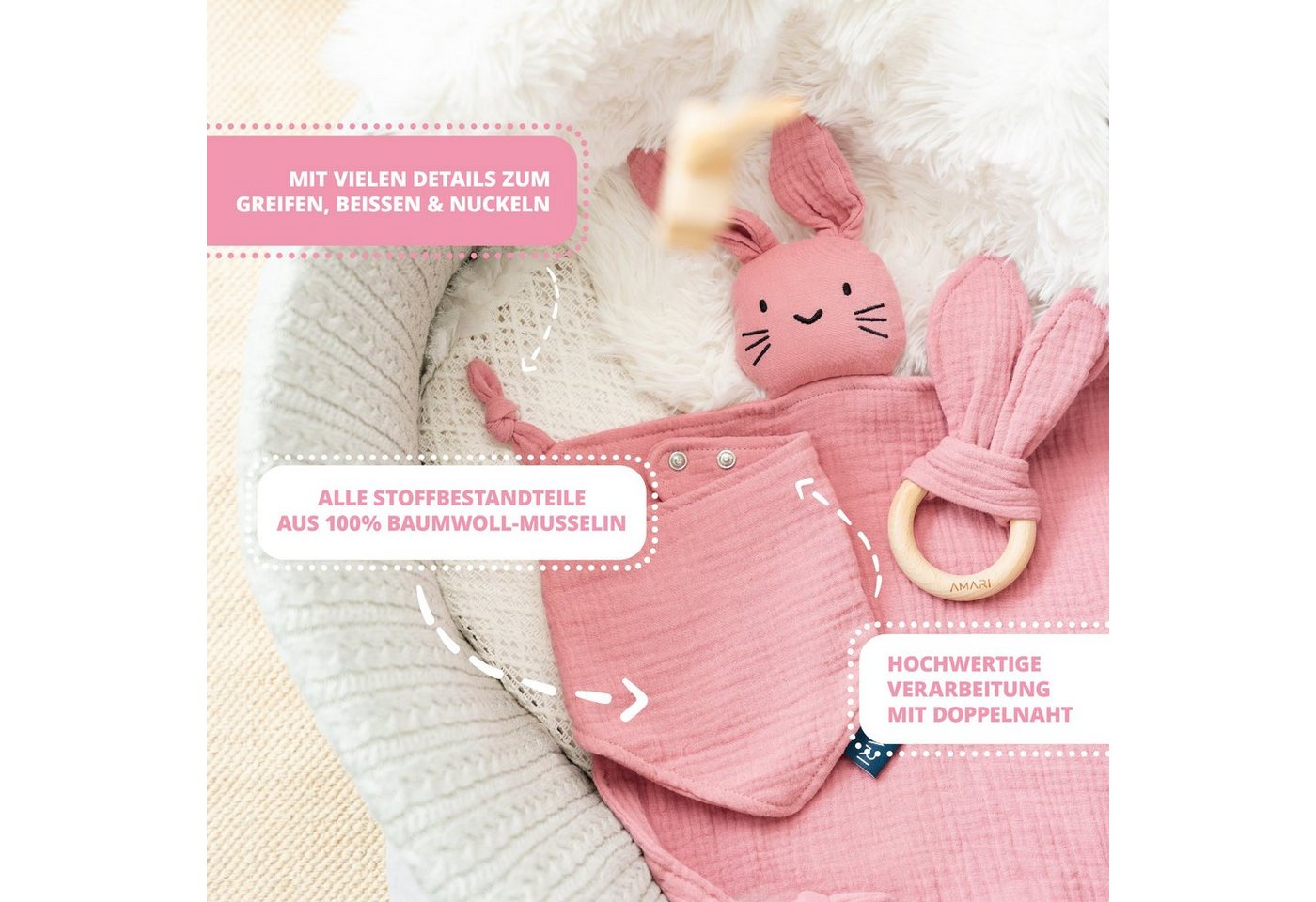 Amari Schmusetuch Hase aus Musselin, Babygeschenk zur Geburt für Mädchen und Jungen, (Geschenkset, 3-tlg., Schmusetuch, Halstuch, Beißring aus Holz), Musselin aus 100 % Baumwolle, 30 °C waschbar, inkl. Grußkarte Bild 4