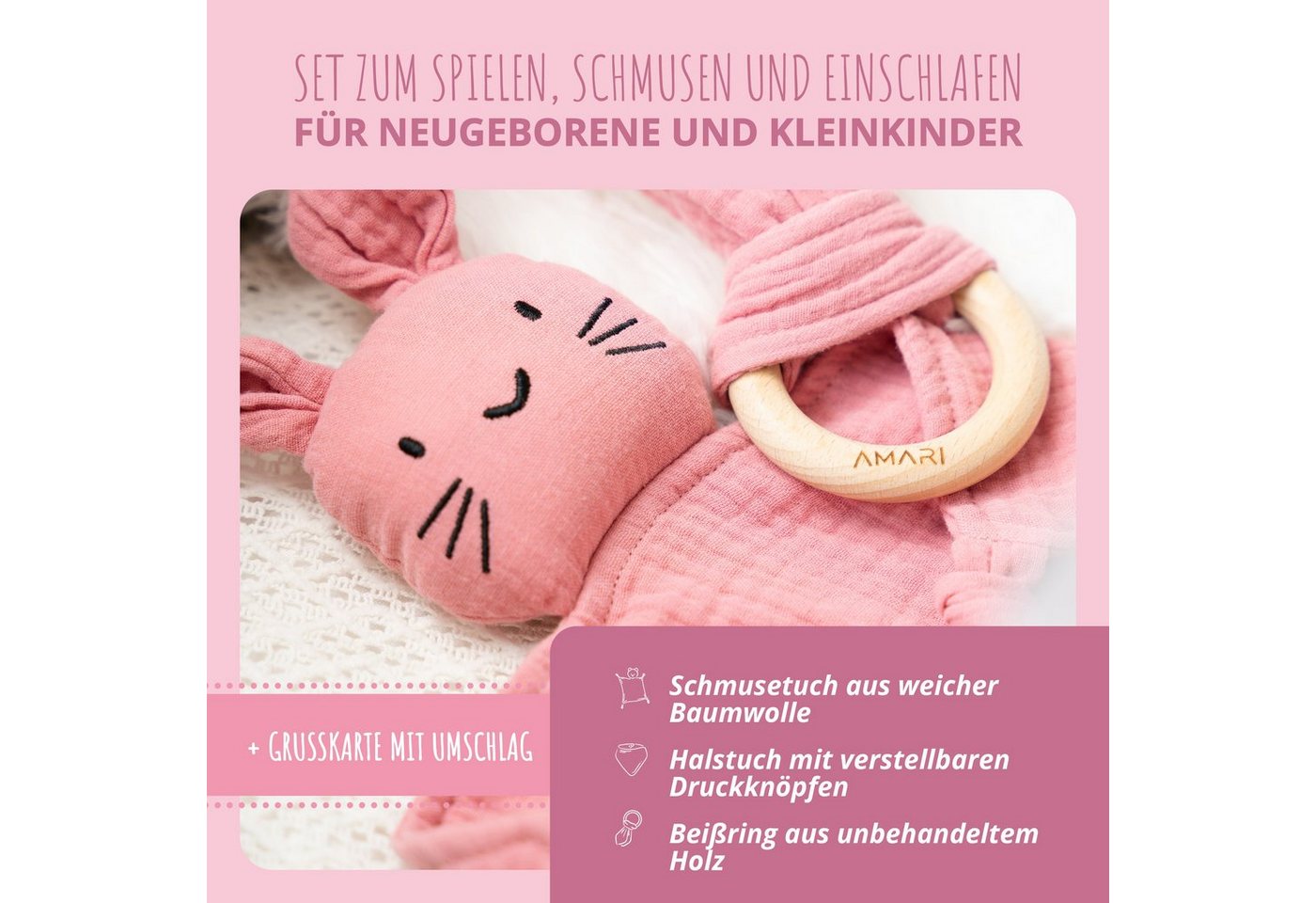 Amari Schmusetuch Hase aus Musselin, Babygeschenk zur Geburt für Mädchen und Jungen, (Geschenkset, 3-tlg., Schmusetuch, Halstuch, Beißring aus Holz), Musselin aus 100 % Baumwolle, 30 °C waschbar, inkl. Grußkarte Bild 5