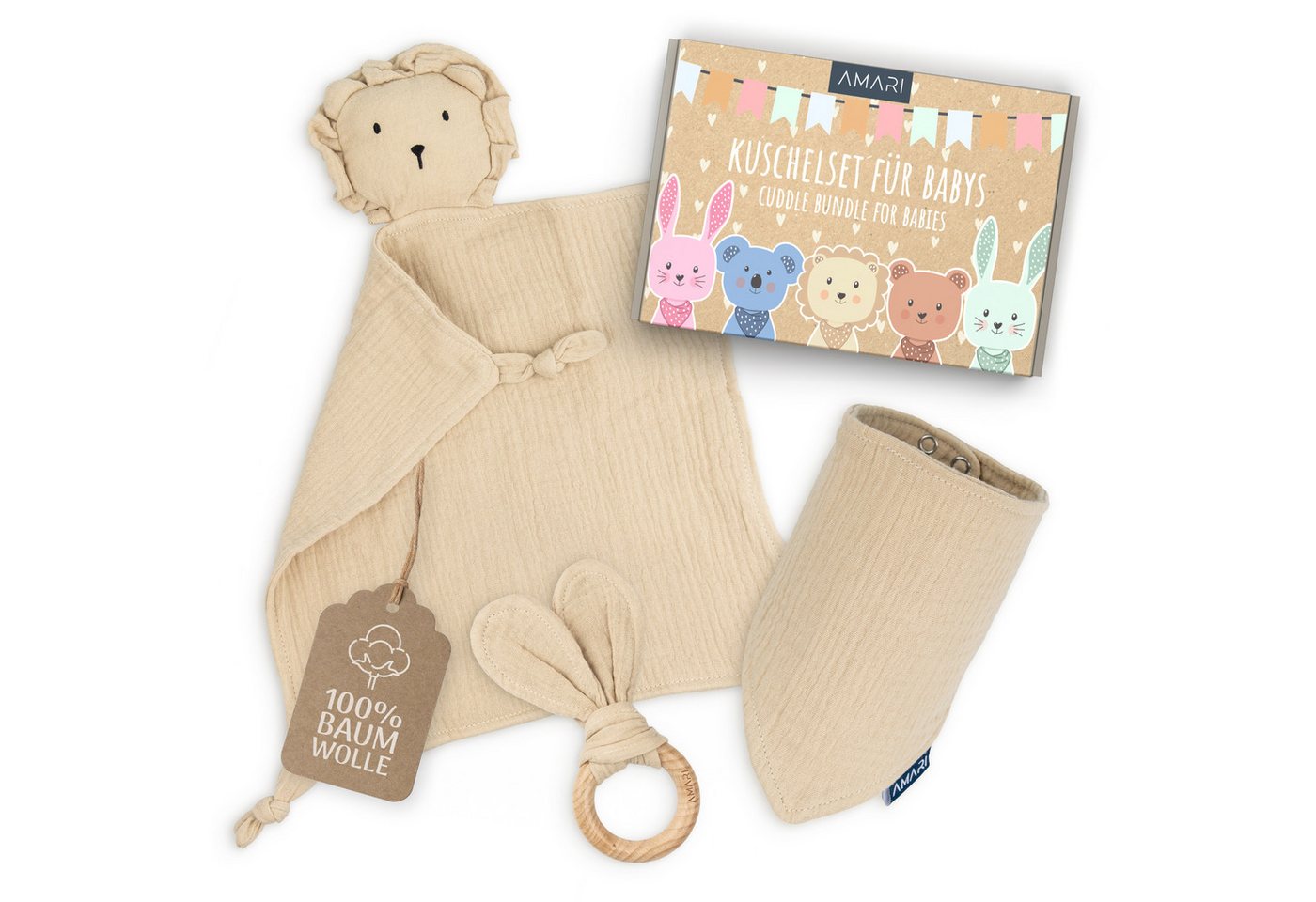 Amari Schmusetuch Bär, Löwe oder Koala, Babygeschenk zur Geburt für Mädchen und Jungen, (Geschenkset, 3-tlg., Schmusetuch, Halstuch, Beißring aus Holz), Musselin aus 100 % Baumwolle, 30 °C waschbar, inkl. Grußkarte Bild 2