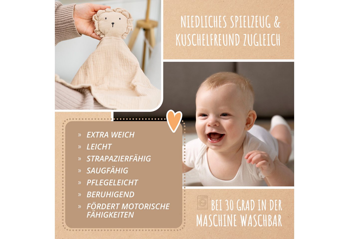 Amari Schmusetuch Bär, Löwe oder Koala, Babygeschenk zur Geburt für Mädchen und Jungen, (Geschenkset, 3-tlg., Schmusetuch, Halstuch, Beißring aus Holz), Musselin aus 100 % Baumwolle, 30 °C waschbar, inkl. Grußkarte Bild 3