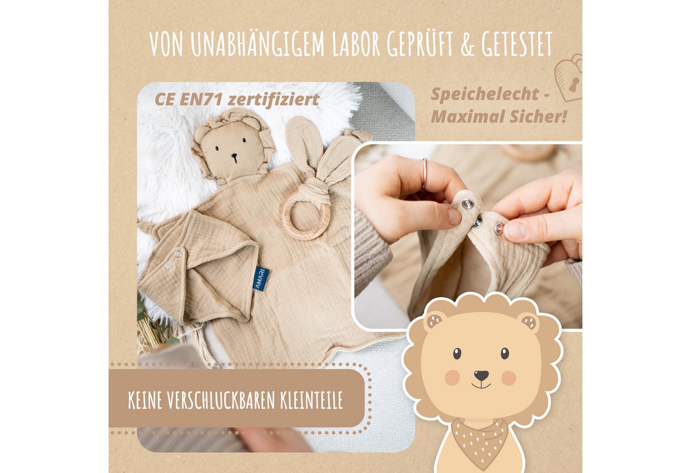 Amari Schmusetuch Bär, Löwe oder Koala, Babygeschenk zur Geburt für Mädchen und Jungen, (Geschenkset, 3-tlg., Schmusetuch, Halstuch, Beißring aus Holz), Musselin aus 100 % Baumwolle, 30 °C waschbar, inkl. Grußkarte Bild 4