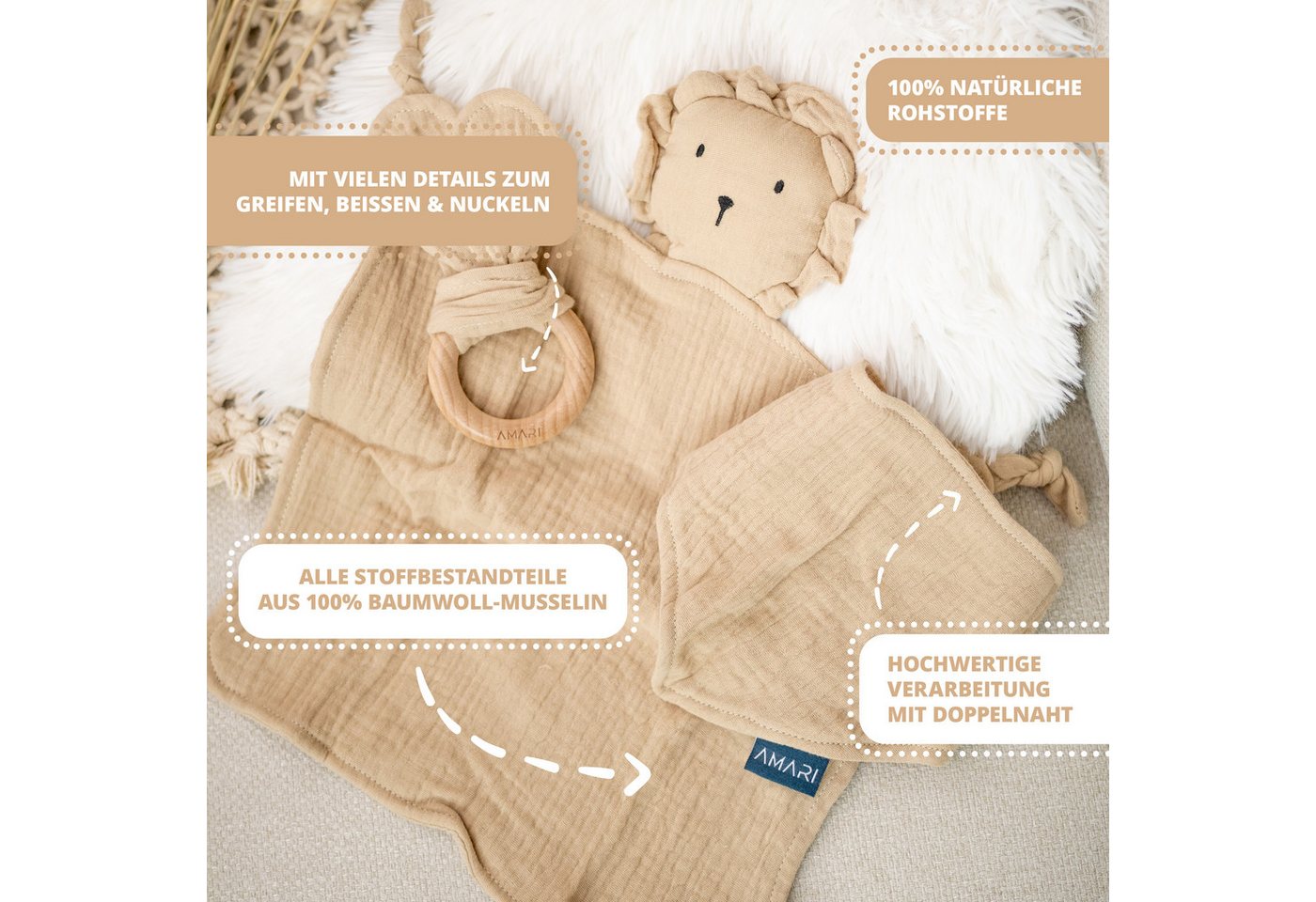 Amari Schmusetuch Bär, Löwe oder Koala, Babygeschenk zur Geburt für Mädchen und Jungen, (Geschenkset, 3-tlg., Schmusetuch, Halstuch, Beißring aus Holz), Musselin aus 100 % Baumwolle, 30 °C waschbar, inkl. Grußkarte Bild 5