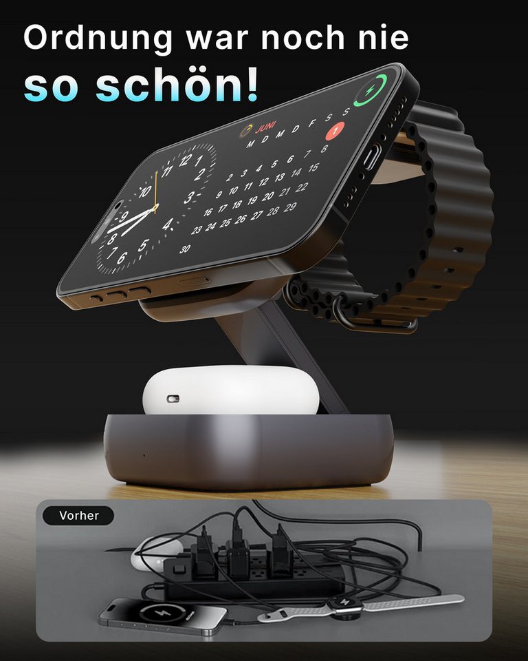 GreenHec Ladestation Apple Watch iPhone 3in1 MagSafe Wireless Charge Ladegerät Wireless Charger (3000 mA, Spar-Set, 3in1 PowerBase + USB-C Kabel + 20w Dual Charger, 18 17 16 15 14 13 Pro Max Air Kompakt Station Induktionsladegerät)