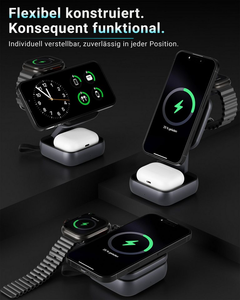 GreenHec Ladestation Apple Watch iPhone 3in1 MagSafe Wireless Charge Ladegerät Wireless Charger (3000 mA, Spar-Set, 3in1 PowerBase + USB-C Kabel + 20w Dual Charger, 18 17 16 15 14 13 Pro Max Air Kompakt Station Induktionsladegerät) Bild 2