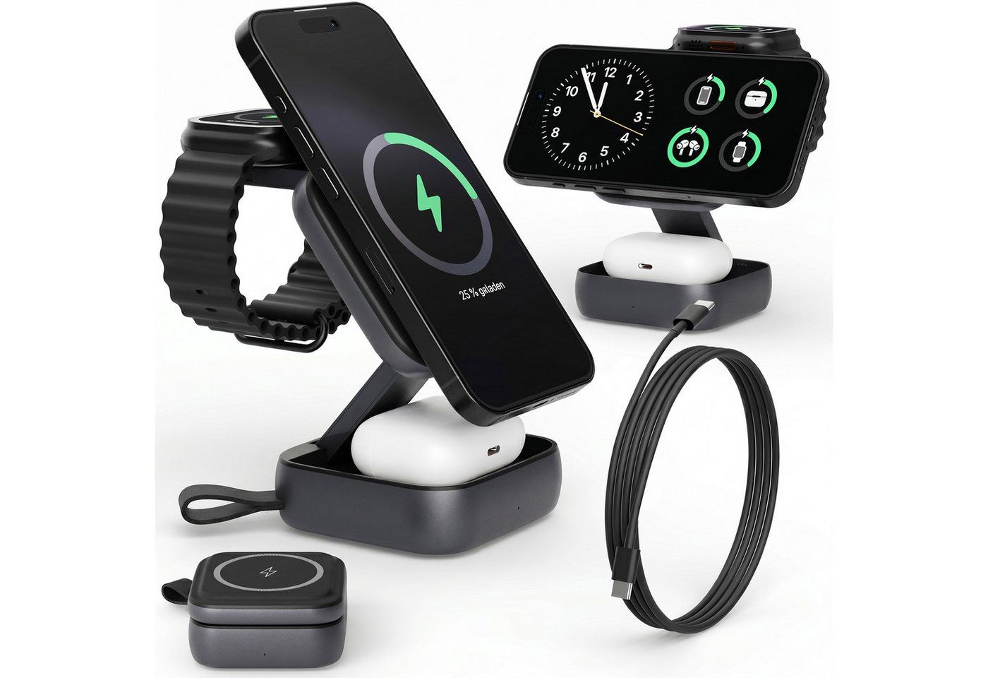 GreenHec Ladestation Apple Watch iPhone 3in1 MagSafe Wireless Charge Ladegerät Wireless Charger (3000 mA, Spar-Set, 3in1 PowerBase + USB-C Kabel + 20w Dual Charger, 18 17 16 15 14 13 Pro Max Air Kompakt Station Induktionsladegerät) Bild 5