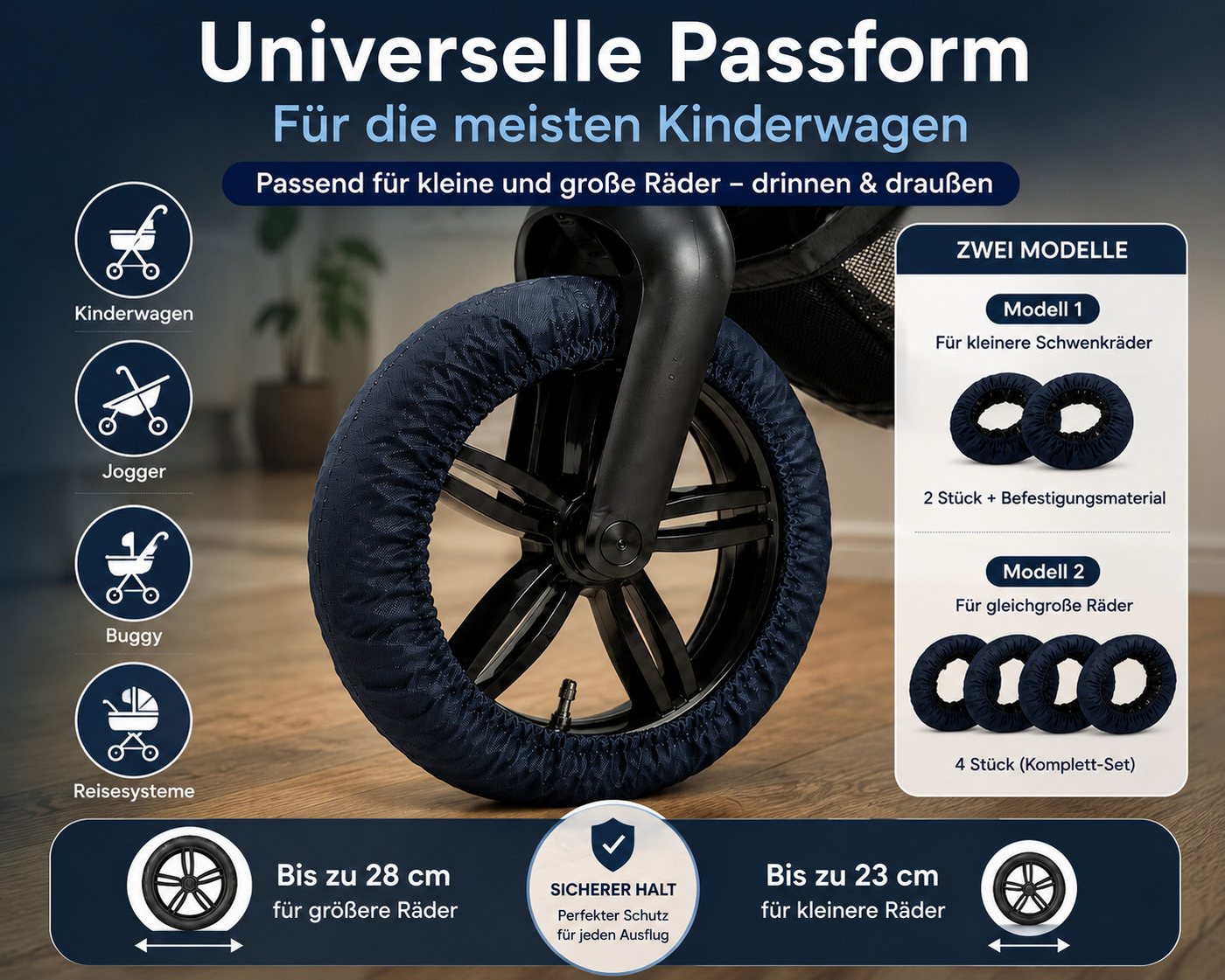 Best for Home Fußsack Reifenschutzhülle für Kinderwagen – 4er Set Schwenkräder (Radabdeckungs-Set, 4-tlg., 4 Radabdeckungen für Kinderwagenräder), elastische Ränder, schützt vor Schmutz, Kratzern und Abnutzung Bild 2