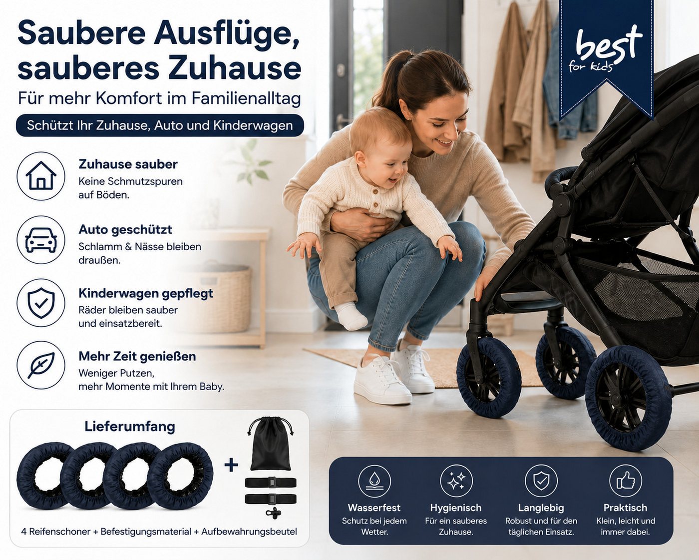 Best for Home Fußsack Reifenschutzhülle für Kinderwagen – 4er Set Schwenkräder (Radabdeckungs-Set, 4-tlg., 4 Radabdeckungen für Kinderwagenräder), elastische Ränder, schützt vor Schmutz, Kratzern und Abnutzung Bild 4
