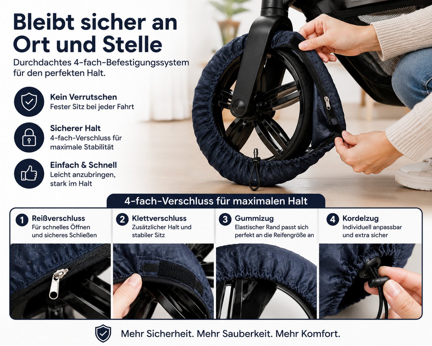 Best for Home Fußsack Reifenschutzhülle für Kinderwagen – 4er Set Schwenkräder (Radabdeckungs-Set, 4-tlg., 4 Radabdeckungen für Kinderwagenräder), elastische Ränder, schützt vor Schmutz, Kratzern und Abnutzung Bild 5