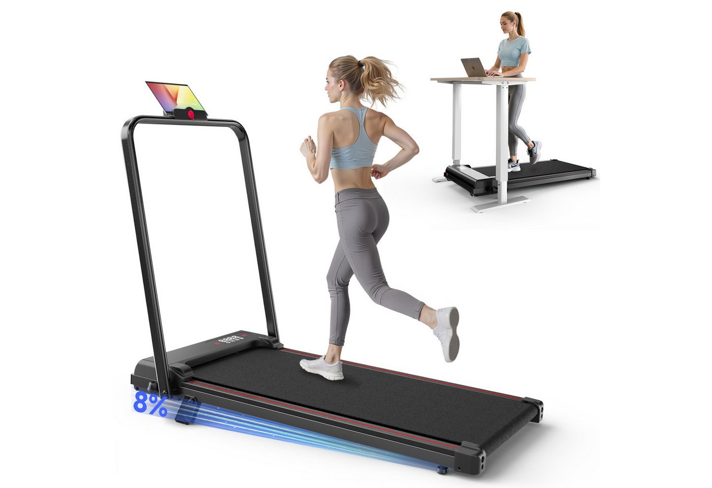 Hamlody Laufband Extrem leises Laufband mit 8 % Steigung, 2,5 PS, klappbar (Set, Zusammenklappbar und mit Rädern), < 40 dB / Geräuscharm, Maximale Belastbarkeit: 145 kg