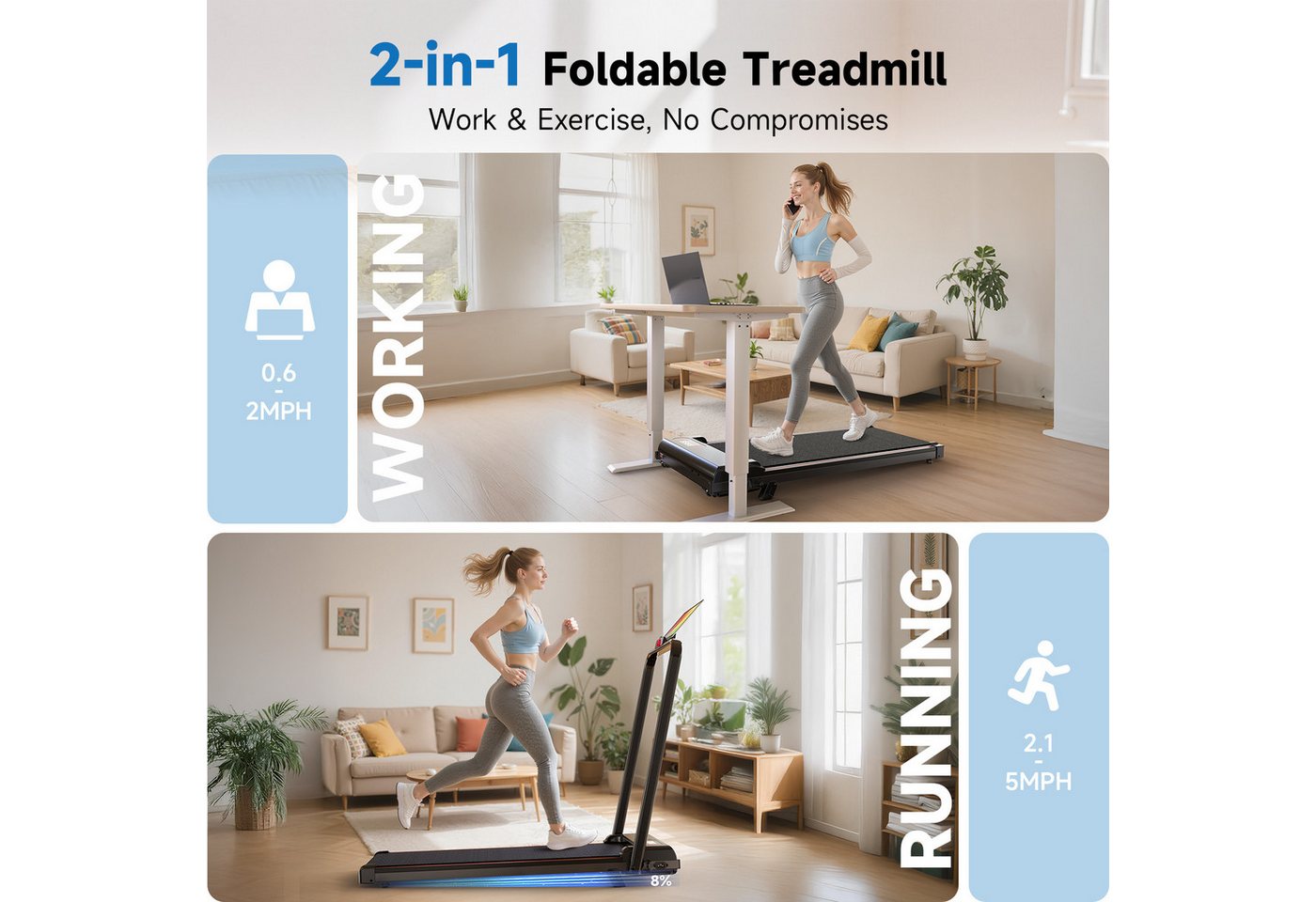 Hamlody Laufband Extrem leises Laufband mit 8 % Steigung, 2,5 PS, klappbar (Set, Zusammenklappbar und mit Rädern), < 40 dB / Geräuscharm, Maximale Belastbarkeit: 145 kg Bild 3