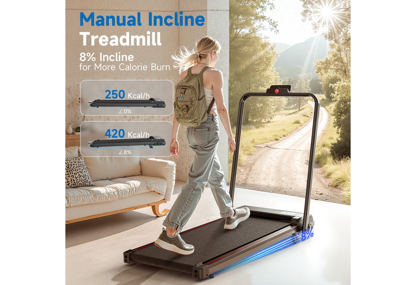 Hamlody Laufband Extrem leises Laufband mit 8 % Steigung, 2,5 PS, klappbar (Set, Zusammenklappbar und mit Rädern), < 40 dB / Geräuscharm, Maximale Belastbarkeit: 145 kg Bild 4