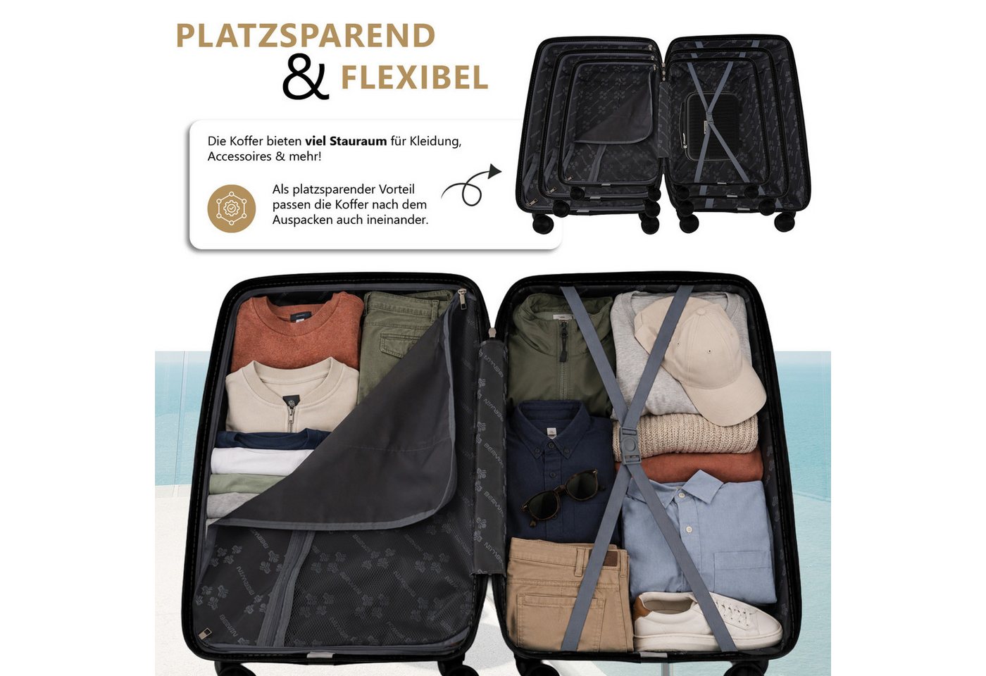 Berwin Trolleyset mit Beautycase Modell Calma Titan Schwarz, 4 Rollen, (Set, 4 tlg., MS-19776)