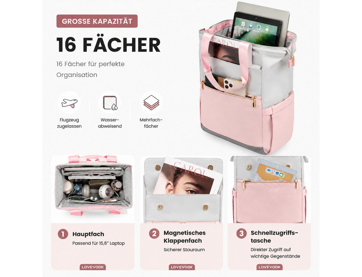 Toomoke Freizeitrucksack Laptop Rucksack 15,6 Zoll Damen Herren Business Reise Rucksack (Moderner Notebook Rucksack mit gepolstertem 15,6 Zoll Laptopfach, großem Stauraum, versteckter Sicherheitstasche, Kofferband), ideal für Büro, Studium, Geschäftsreisen und Alltag Bild 5