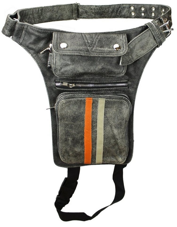 Alpha Speeds Beintasche / Bauchtasche aus echtem Leder Biker/Freizeit mit 2 Streifen in Grau, hochwertiges Echtleder, 3 Frontfächer & 1 großes Rückfach