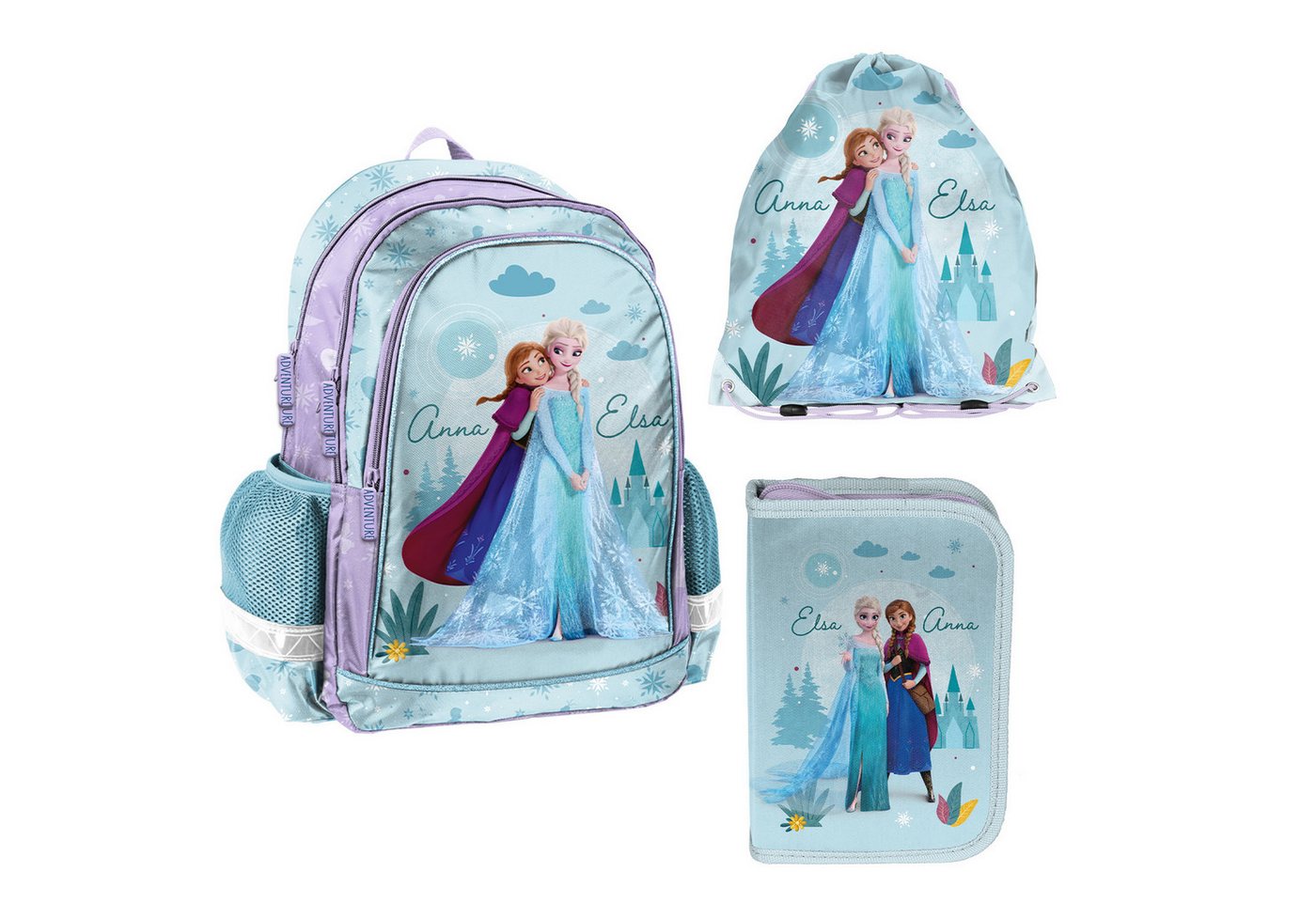 PASO Schulrucksack Frozen - Die Eiskönigin Schulset: Rucksack, Federmäppchen, Tasche (3-tlg), Federmäppchen mit Zubehör, Schuhbeutel