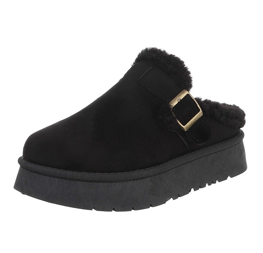 Ital-Design Damen Clog mit Fellfutter und Plateau-Sohle Snowboots (92392363) Flach Plateaustiefeletten in Schwarz
