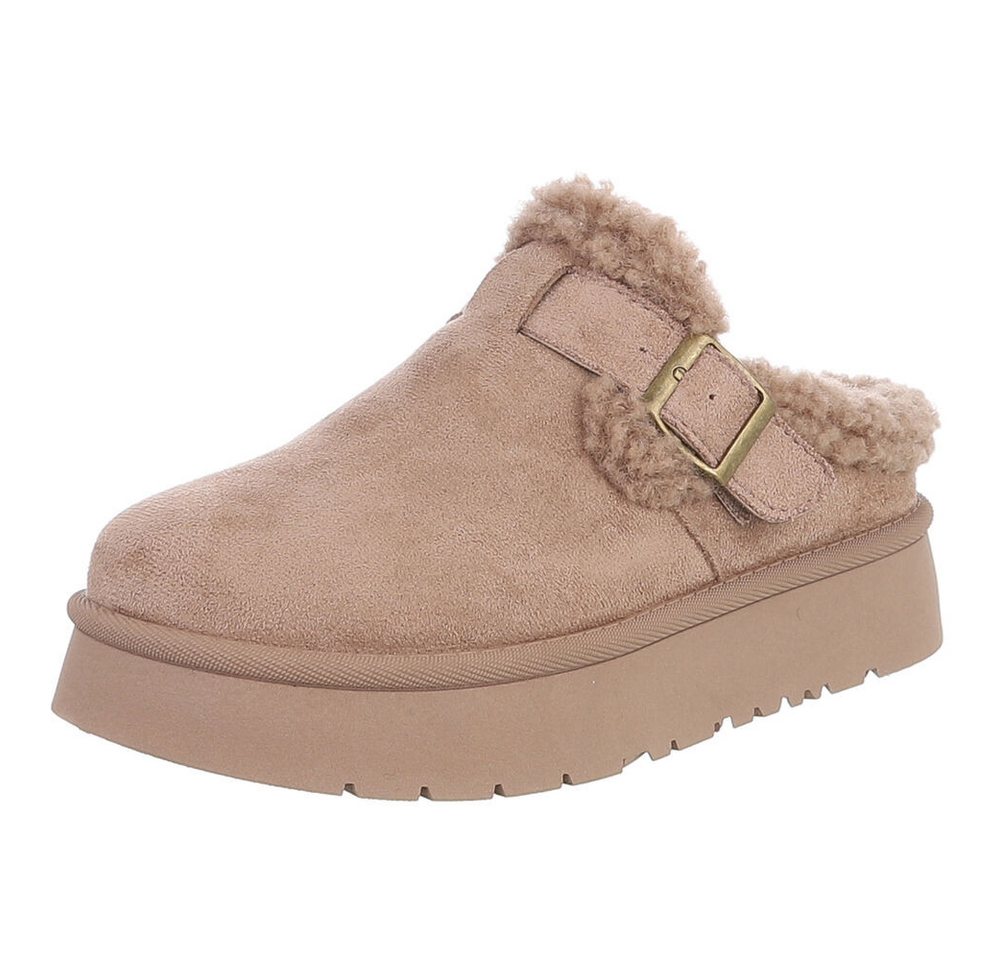 Ital-Design Damen Clog mit Fellfutter und Plateau-Sohle Snowboots (92392351) Flach Plateaustiefeletten in Hellbraun Bild 3