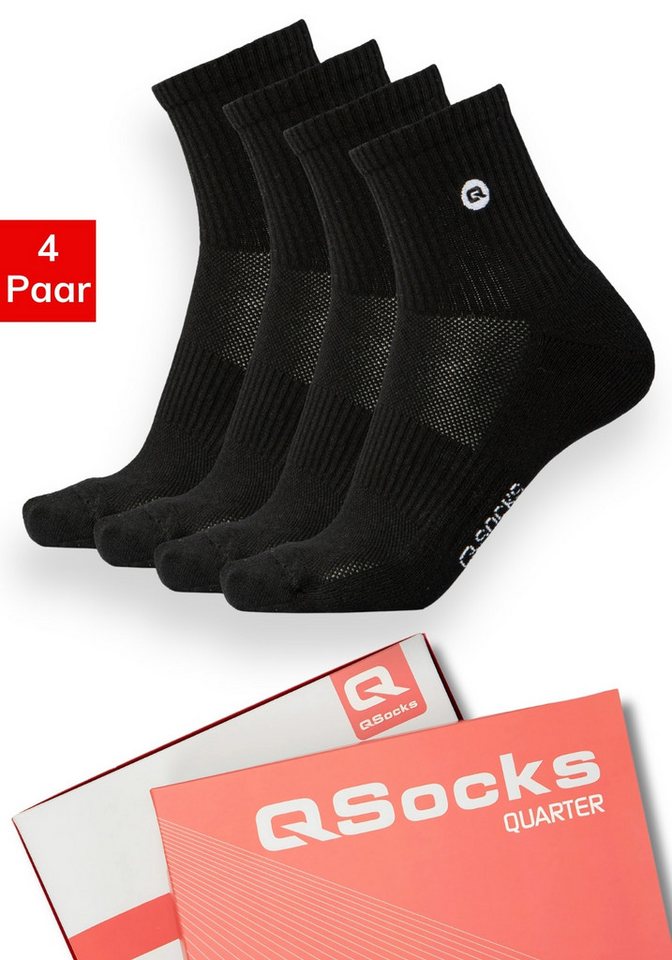 QOLONIA Sportsocken Quarter Socken halbhoch gepolstert, 4 Paar (Packung, 4 Paar) Durchgehend gepolstert, Mesh-Support am Fußrücken, verstärkte Ferse
