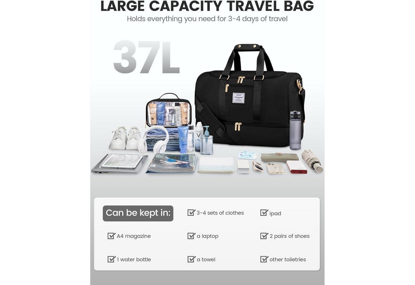 LuxusKollektion Reisetasche Sporttasche Damen Weekender Reisetasche mit Schuhfach Nassfach 35-40L Bild 5