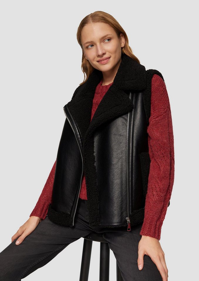 s.Oliver Outdoorjacke Outdoor-Weste Weste aus Lederimitat mit Teddyplüsch