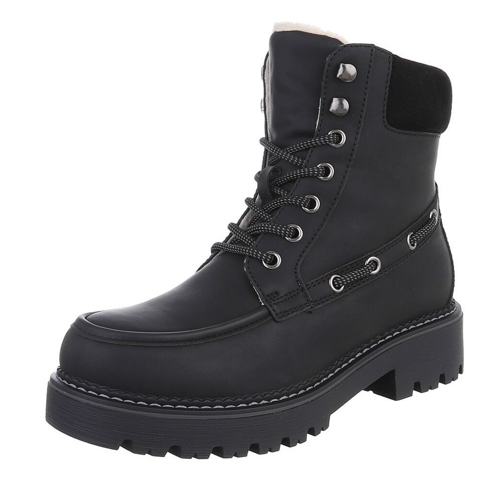 Ital-Design Damen Schnürstiefel mit Profilsohle und Reißverschluss Snowboots (92299802) Blockabsatz Plateaustiefeletten in Schwarz Bild 2
