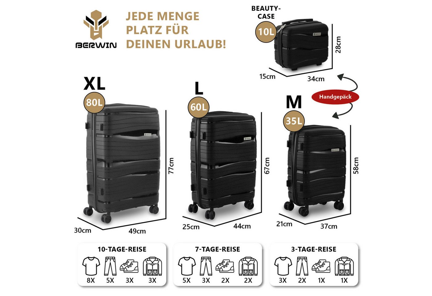 Berwin Trolleyset mit Beautycase Modell Torna Titan Schwarz, 4 Rollen, (Set, 4 tlg., MS-19806)