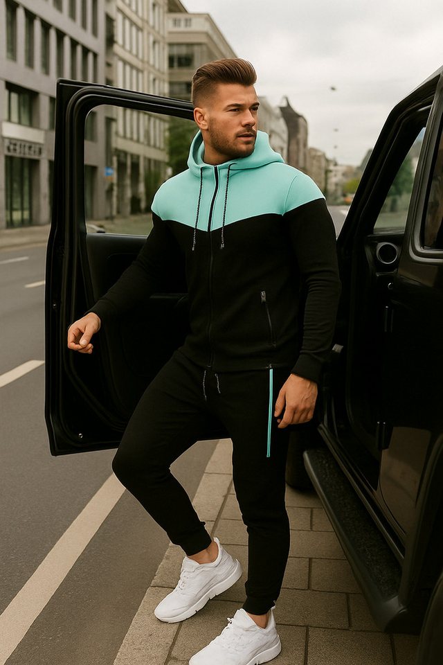 L.gonline Freizeitanzug Herren Jogginganzug, Freizeitanzug 984 schwarz/mint M (Kapuzenjacke mit Reißverschluss, Hose, 2-tlg), Fitness Freizeit Casual