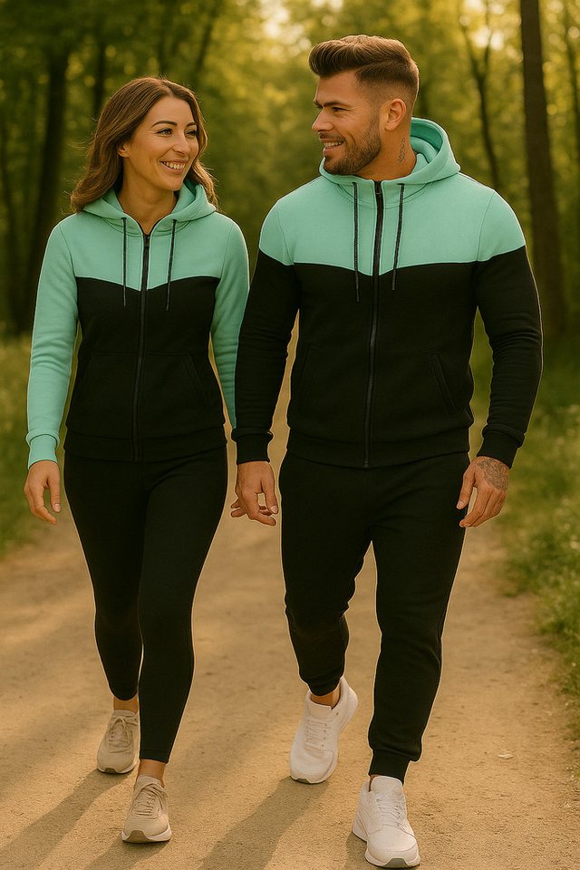 L.gonline Freizeitanzug Herren Jogginganzug, Freizeitanzug 984 schwarz/mint M (Kapuzenjacke mit Reißverschluss, Hose, 2-tlg), Fitness Freizeit Casual Bild 2