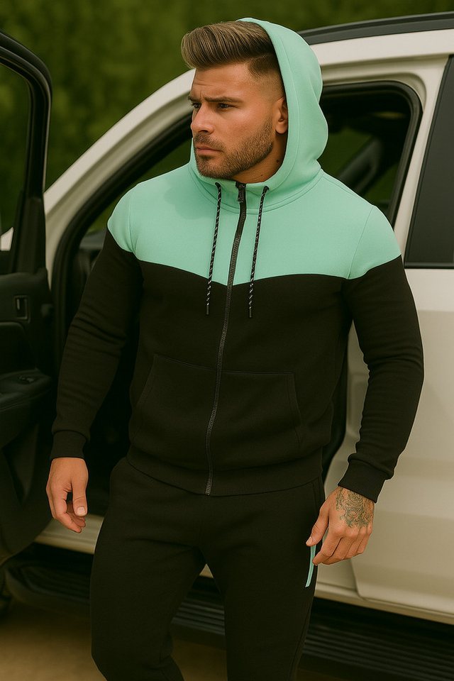 L.gonline Freizeitanzug Herren Jogginganzug, Freizeitanzug 984 schwarz/mint M (Kapuzenjacke mit Reißverschluss, Hose, 2-tlg), Fitness Freizeit Casual Bild 3