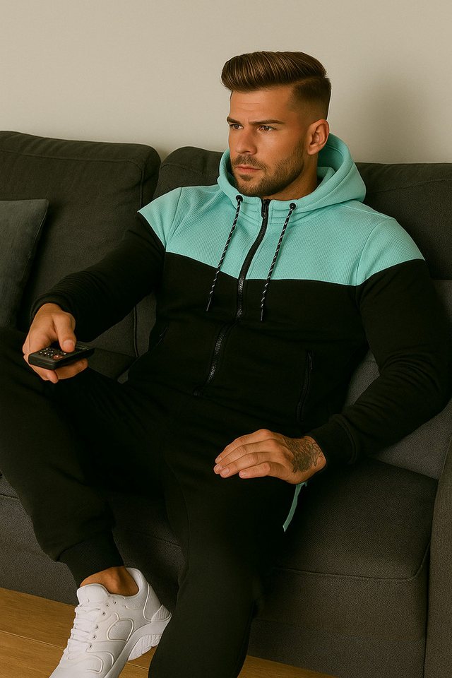 L.gonline Freizeitanzug Herren Jogginganzug, Freizeitanzug 984 schwarz/mint M (Kapuzenjacke mit Reißverschluss, Hose, 2-tlg), Fitness Freizeit Casual Bild 4
