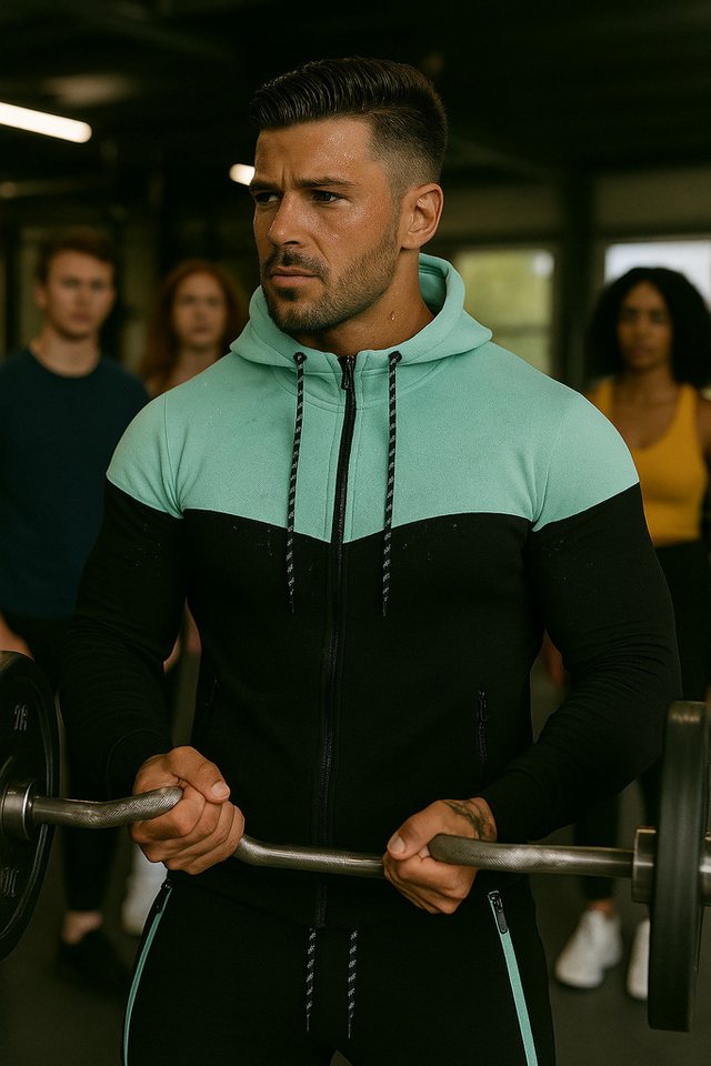 L.gonline Freizeitanzug Herren Jogginganzug, Freizeitanzug 984 schwarz/mint M (Kapuzenjacke mit Reißverschluss, Hose, 2-tlg), Fitness Freizeit Casual Bild 5
