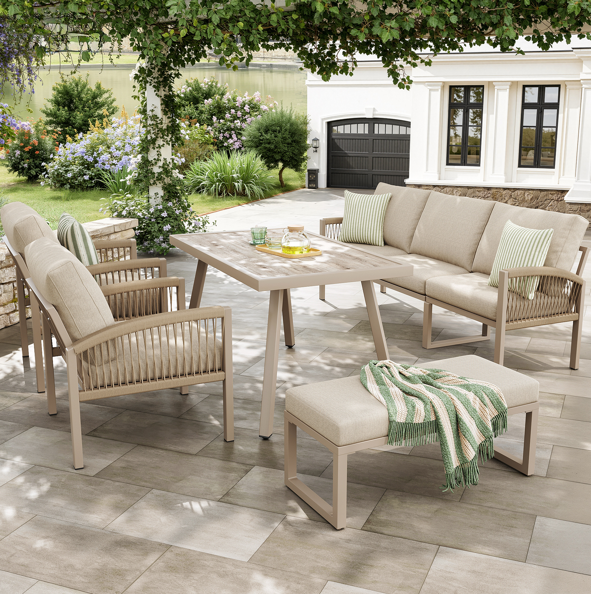 5-teiliges Gartenlounge-set Aus Verzinktem Stahl In Beige, Für 7 Personen, Mit 3-sitzer, 2 Sesseln, Bank Und Tisch