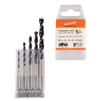 Holzspiralbohrer Satz 6-kant Schaft E6.3 5-teilig (3, 4, 5, 6, 8mm)