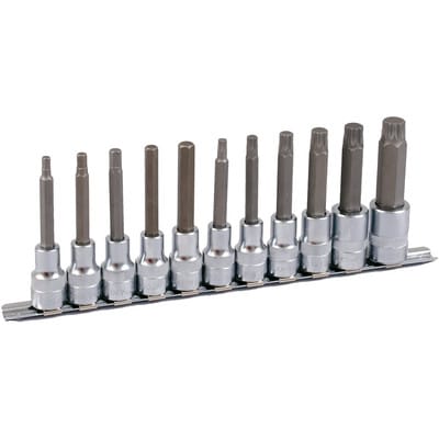 1/2" Bit Stecknuss Satz auf Schiene 11-teilig 6-kant + Vielzahn, 100mm
