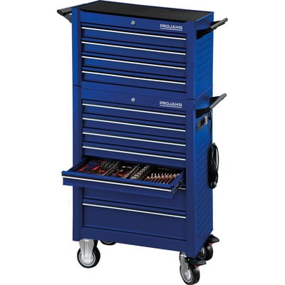 Werkstattwagen UNIVERSE + E-Power Elektroverteiler + Werkstattwagenaufsatz UNIVERSE + Dosenhalter + Papierrollenhalter + 379-tlg. Bestückung Blau