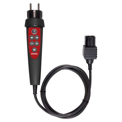 Prüfstecker für Schutzkontaktsteckdose. Test/Mem-Taste. LED-Messstellenbeleuchtung. Gut/Schlecht-Anzeige über grüne/rote LED.