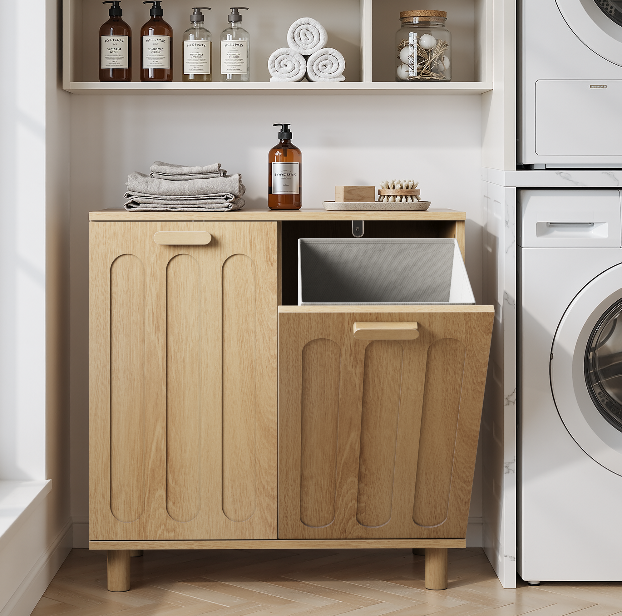 Wäscheschrank Aus Mdf In Eiche 66 X 35 X 67 Cm Mit 2 Herausnehmbaren, Kippbaren Wäschekörben