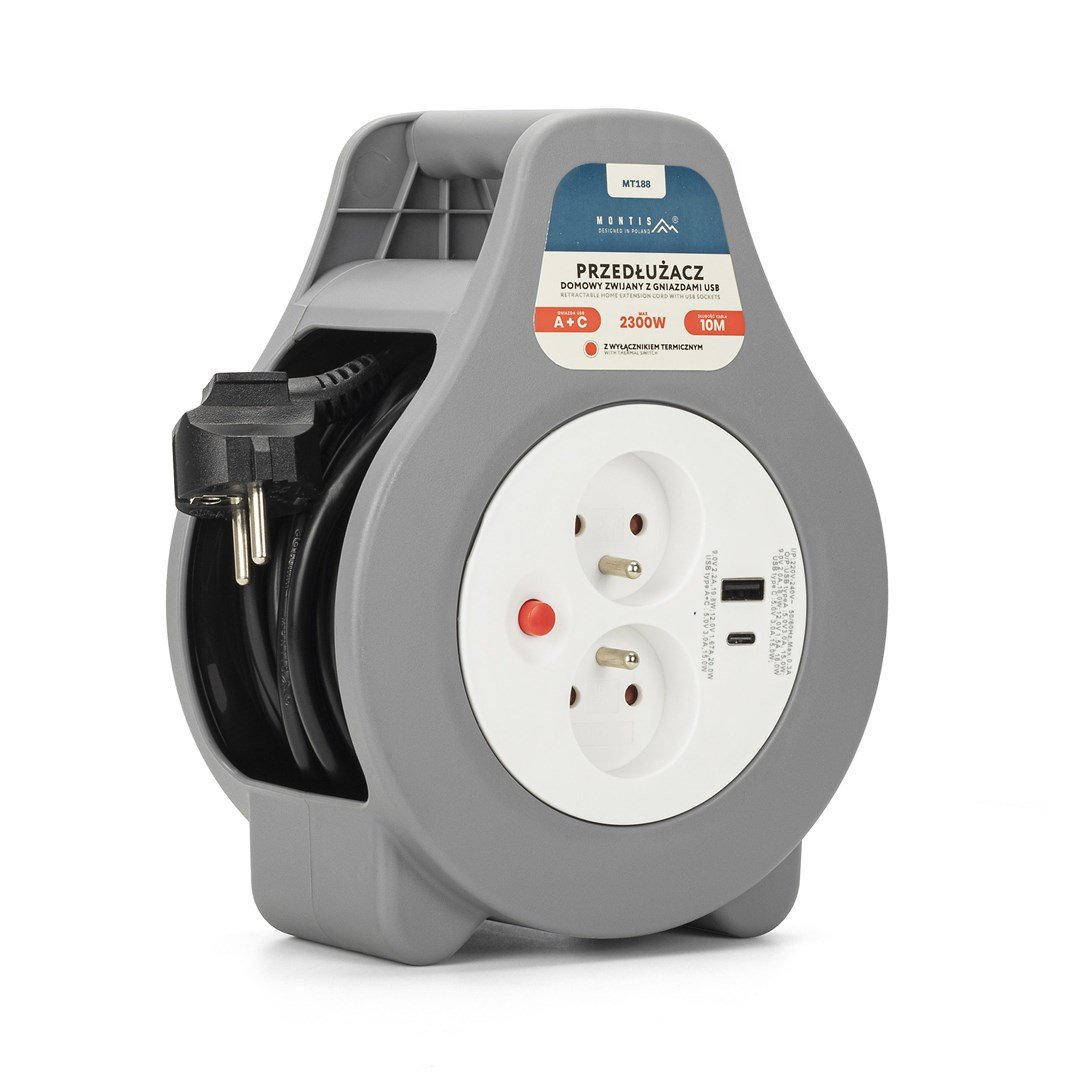 Montis Przedłużacz Domowy Zwijany Z Usb 10m Mt188 2 Ac Outlet(s)