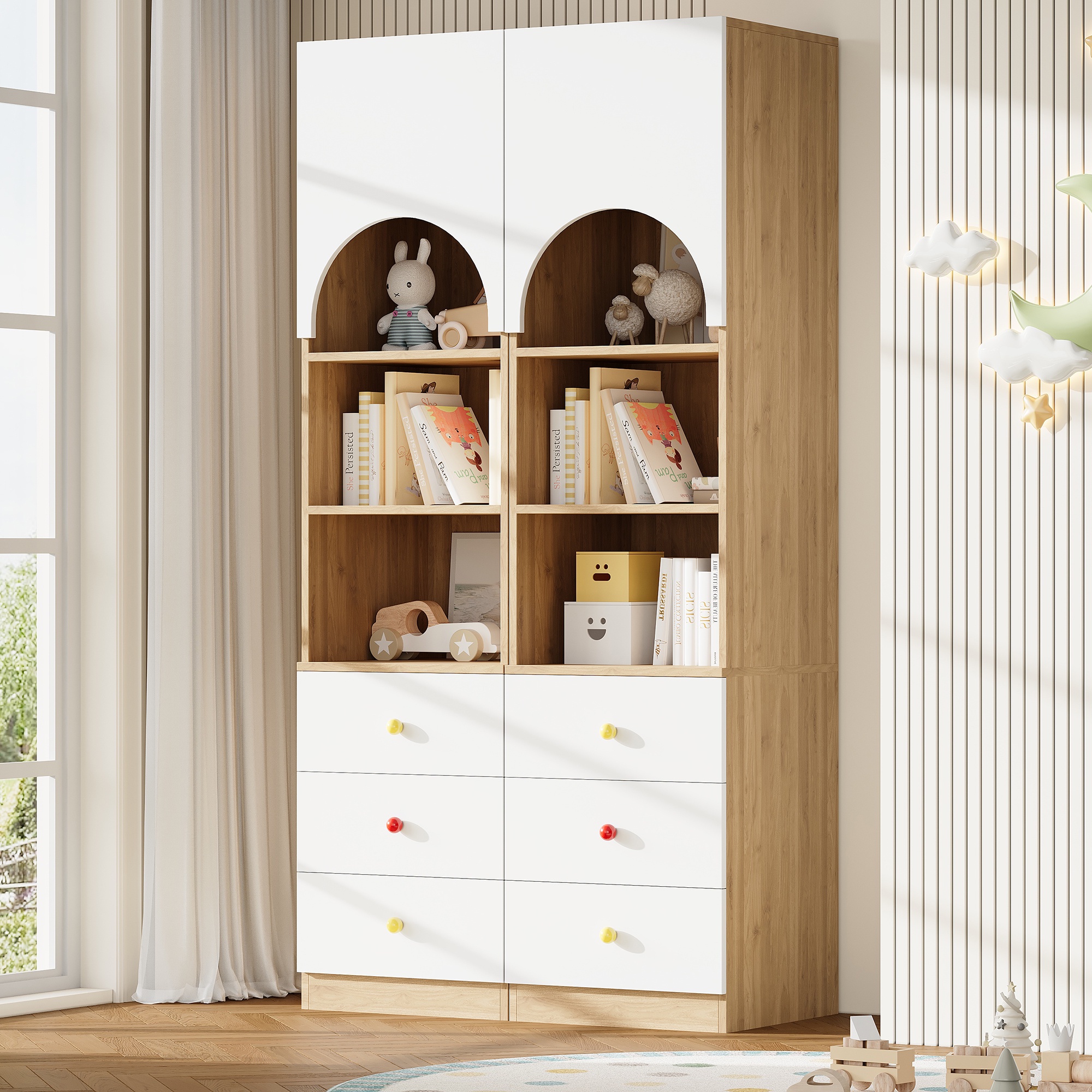 Kinder Bücherregal 100x50x200 Cm Mit 6 Schubladen Und 8 Regalfächern, Aufbewahrungsregal Für Kinderzimmer, Bunte Keramikgriffe, Weiß Und Natur
