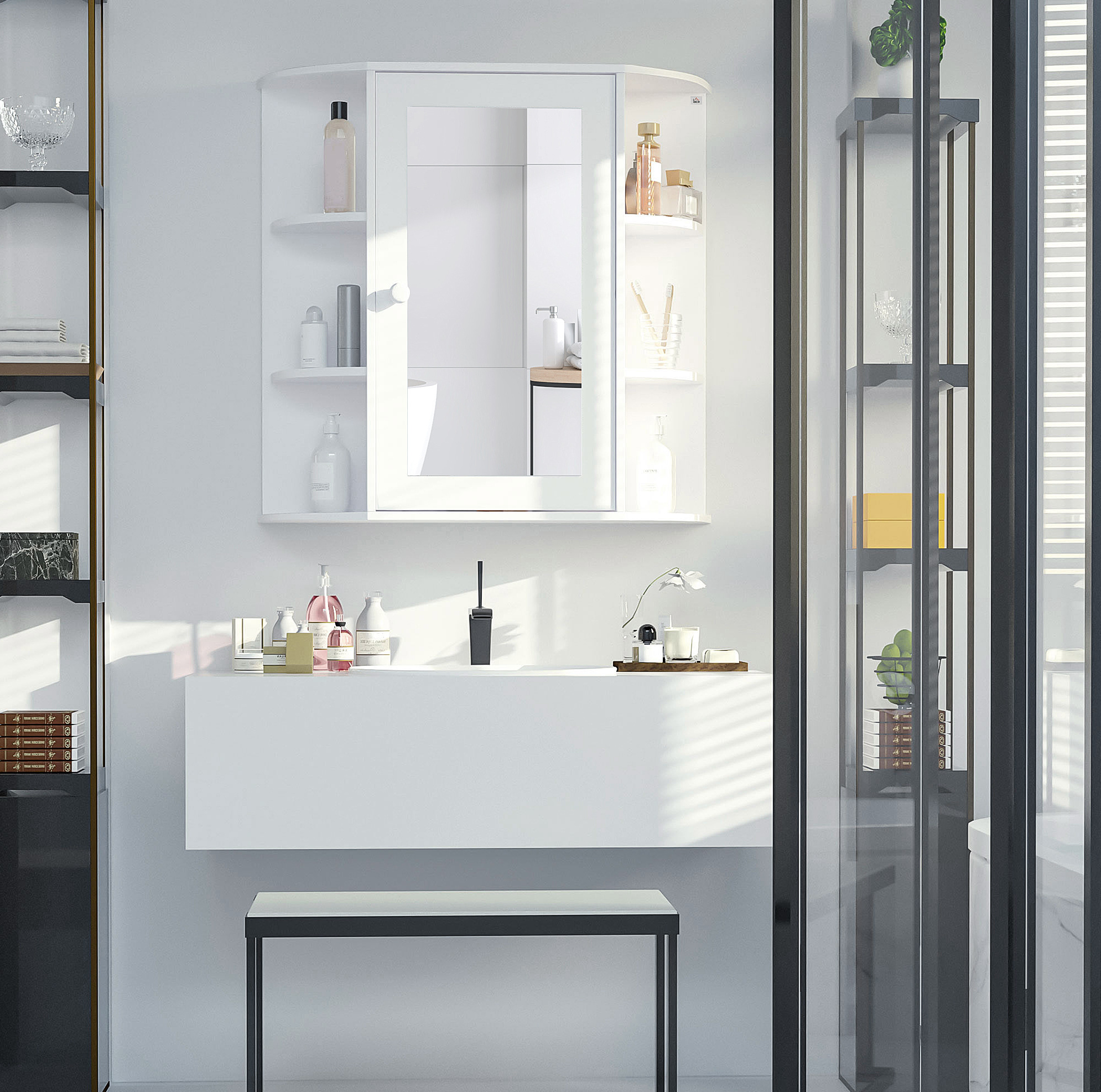 Spiegelschrank Aus Holz In Weiß, 66 Cm Breit, Wandmontiert, Mit Spiegeltür Und 8 Fächern