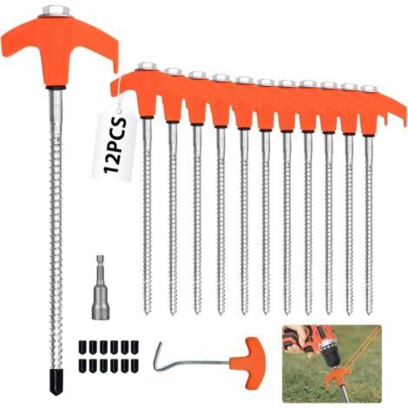 12-teiliges Set 20 Cm Langer Schraubheringe Mit Sechskantbohrer, Stahlheringe Mit Gewinde, Robuste Campingheringe Für Harten Untergrund, Garten Und Wandern