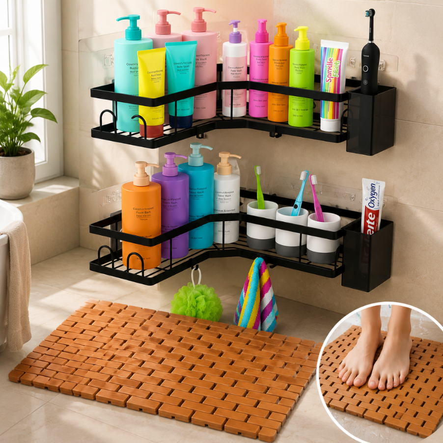 Bamboo Bathroom Refresh Set (2-piece) – 80x50 Cm Bamboo Shower Mat And Corner Shelves Pair