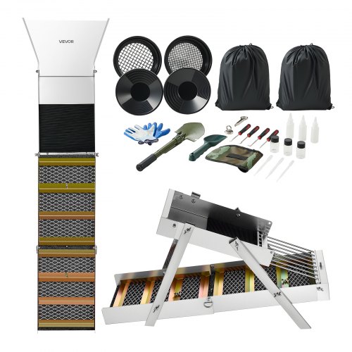 Highbanker Goldwaschset 127 Cm (50 Zoll), 3-in-1 Faltbare Goldwaschrinne Aus Aluminiumlegierung, 26-tlg. Tragbares Prospektionsset Mit Goldwaschpfannen, Klassiersieb, Magnet, Rucksack, Zubehör