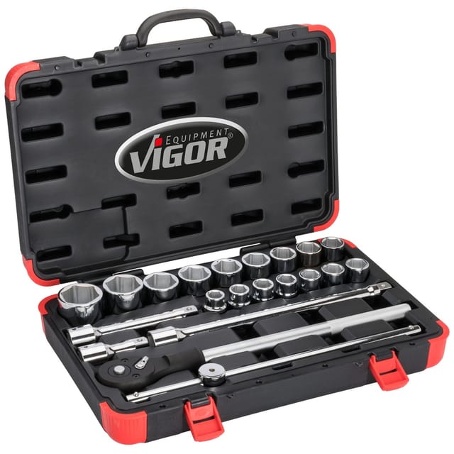 VIGOR Steckschlüssel Satz ∙ V2318N ∙ Vierkant20 mm (3/4 Zoll) ∙ Außen Sechskant Profil ∙ 19 – 50 ∙ Anzahl Werkzeuge: 21