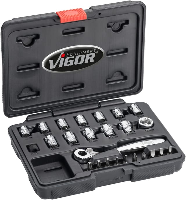 VIGOR Steckschlüssel Satz ∙ superflach ∙ V5202 ∙ Vierkant6,3 mm (1/4 Zoll) ∙ Außen Sechskant Profil ∙ 4 – 14 ∙ Anzahl Werkzeuge: 25