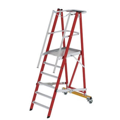 Plattformleiter GFK/Alu klappbar und fahrbar mit GFK-Handlauf 6 Stufen