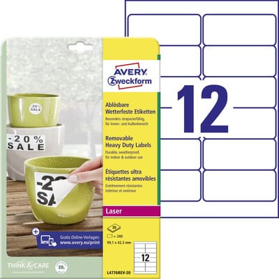 Zweckform L4776REV-20 Wetterfeste Etiketten, ablösbar, 99,1 x 42,3 mm, 20 Bogen/240 Etiketten, weiß
