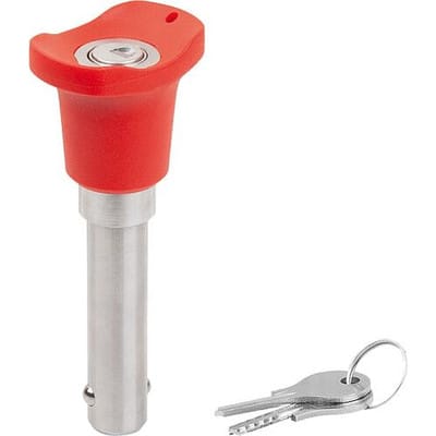 KUGELSPERRBOLZEN ABSCHLIEßBAR MIT PILZGRIFF, D1=12, L=45, EDELSTAHL 1.4305, KOMP:THERMOPLAST ROT RAL3020
