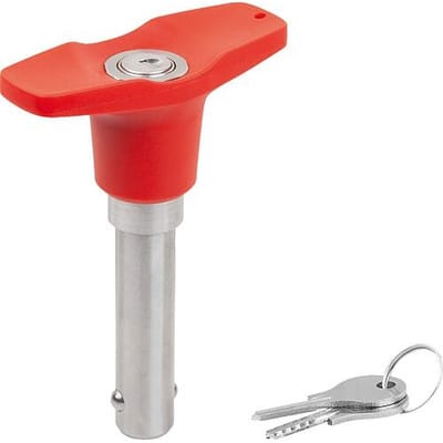 KUGELSPERRBOLZEN ABSCHLIEßBAR MIT T-GRIFF, D1=12, L=40, EDELSTAHL 1.4305, KOMP:THERMOPLAST ROT RAL3020