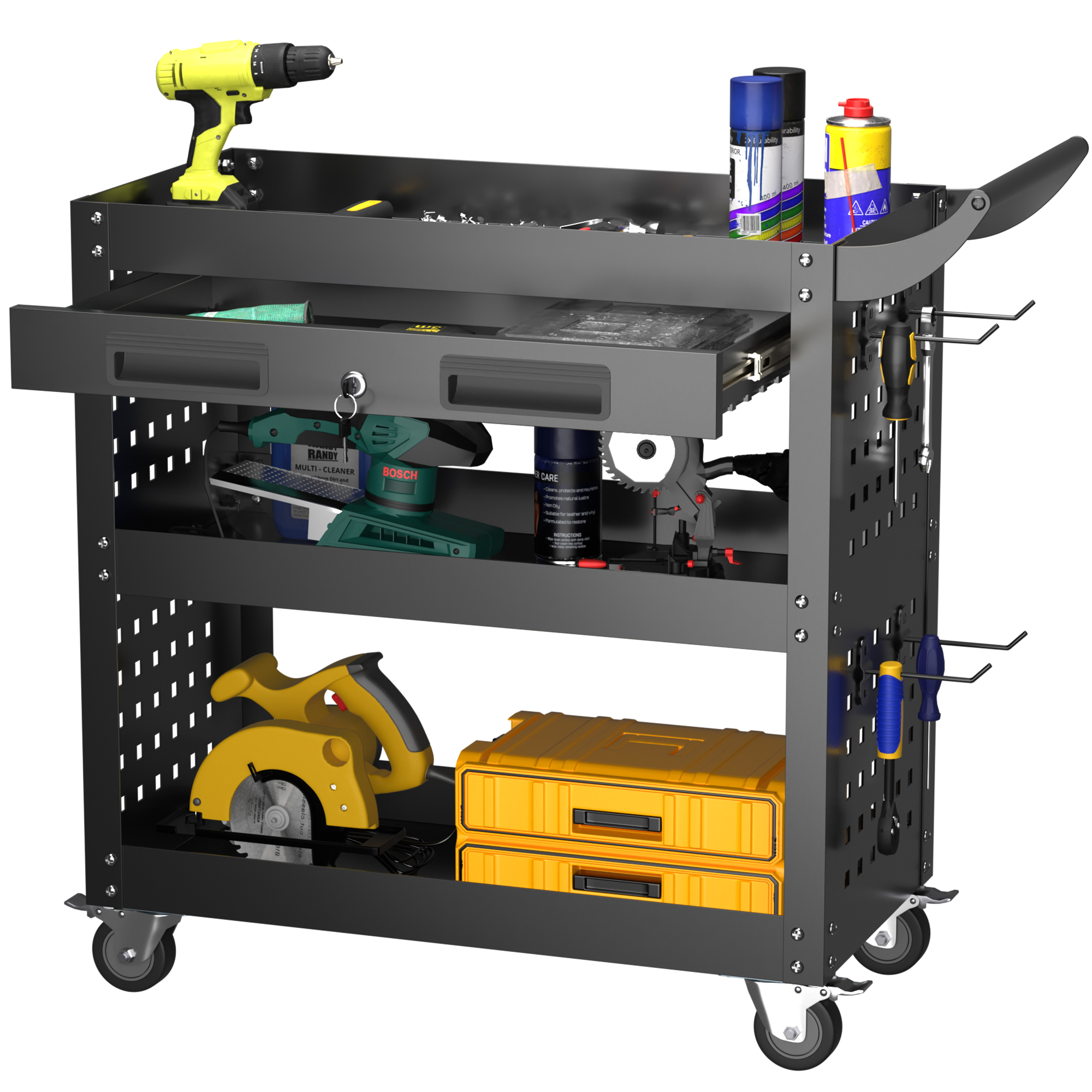 Aobabo Metall-werkzeugwagen, 75×70×35 Cm, Mit Schublade Und Vier Haken, Schwarz